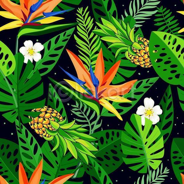 사람없음 EPS 일러스트 해외이미지 극락조화 몬스테라 열대꽃 열대잎 초록색 트로피컬아트 파인애플 패턴 패턴백그라운드