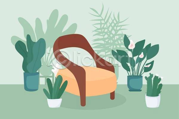 사람없음 EPS 일러스트 해외이미지 꽃 반려식물 선인장 의자 잎 줄기 초록색 플랜테리어 화분