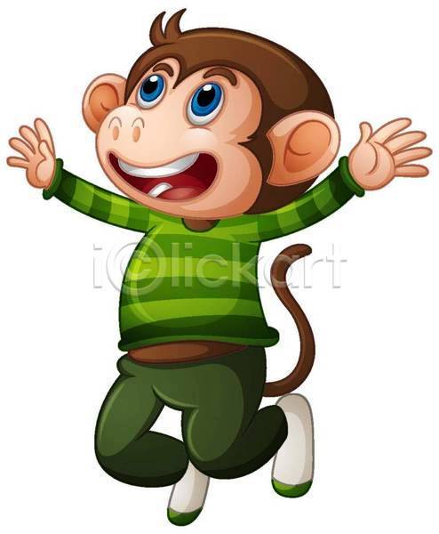 귀여움 사람없음 EPS 일러스트 해외이미지 만세 옷 원숭이 원숭이캐릭터 점프 초록색 한마리