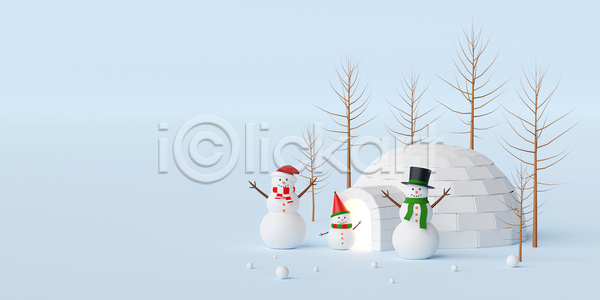사람없음 3D JPG 디지털합성 포토 해외이미지 나무 눈덩이 눈사람 목도리 산타모자 신사모자 이글루 크리스마스 하늘색