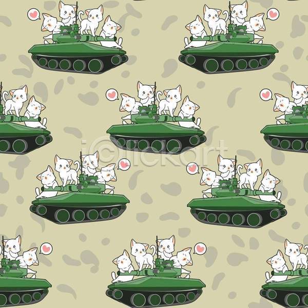 귀여움 러블리 사람없음 EPS 일러스트 해외이미지 고양이 동물캐릭터 말풍선 여러마리 연두색 올라탄 탱크 패턴 패턴백그라운드 하트