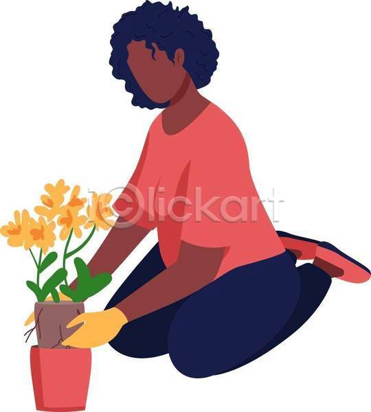 성인 성인여자한명만 여자 한명 EPS 일러스트 해외이미지 꽃 들기 무릎꿇기 반려식물 분갈이 식물 얼굴없음 잎 장갑 전신 줄기 홈가드닝 화분