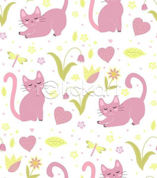 사람없음 EPS 일러스트 해외이미지 고양이 기지개 꽃 노란색 눈감음 백그라운드 분홍색 잎 잠자리 패턴 하트