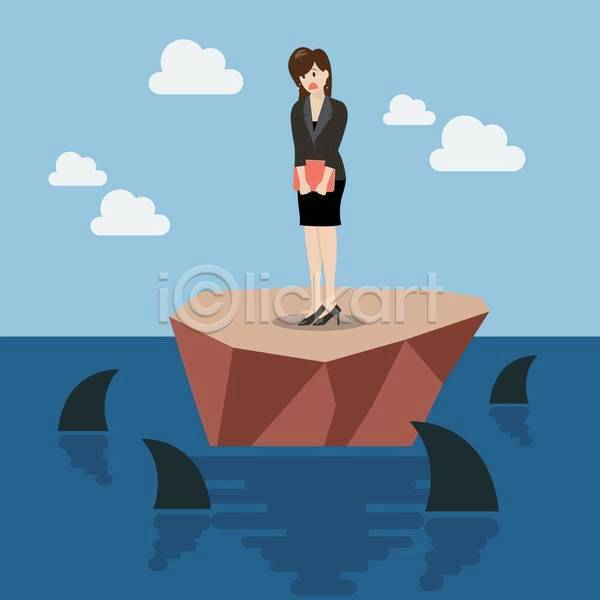 무서움 성인 성인여자한명만 여자 한명 EPS 일러스트 해외이미지 공포 구름(자연) 바다 비즈니스우먼 상어 상어떼 섬 전신 정장