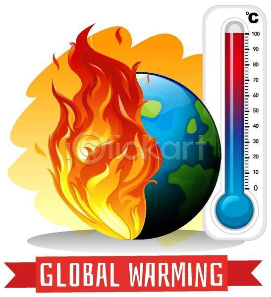 뜨거움 위험 지구온난화 사람없음 EPS 일러스트 해외이미지 기온상승 리본 불 온도계 지구 클립아트