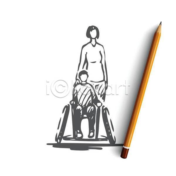 남자 성인 소년 어린이 여자 EPS 실루엣 일러스트 해외이미지 가족 모자(엄마와아들) 손그림 스케치 앉기 얼굴없음 장애 장애인 전신 컨셉 휠체어