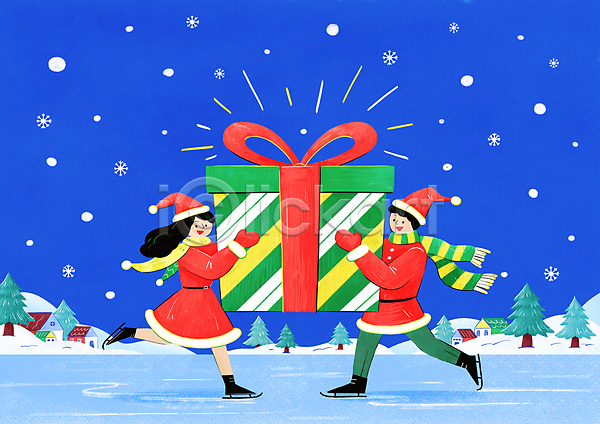 행복 남자 두명 성인 성인만 여자 PSD 일러스트 겨울 나무 눈(날씨) 동화 들기 마을 목도리 빙판 산타모자 산타옷 선물상자 스케이트 아이스스케이트 이벤트 전신 주택 커플 크리스마스 크리스마스선물 파란색
