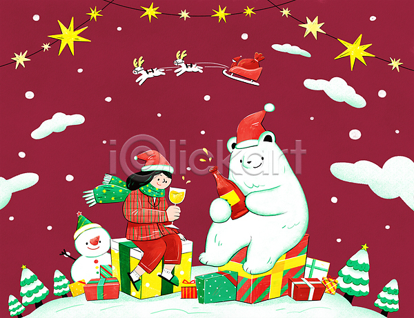 행복 성인 성인여자한명만 여자 한명 PSD 일러스트 겨울 구름(자연) 나무 눈(날씨) 눈사람 동화 들기 루돌프 목도리 북극곰 비행 산타모자 샴페인 샴페인병 샴페인잔 선물꾸러미 선물상자 세마리 썰매 앉기 이벤트 전신 조명장식 크리스마스 크리스마스선물 파티