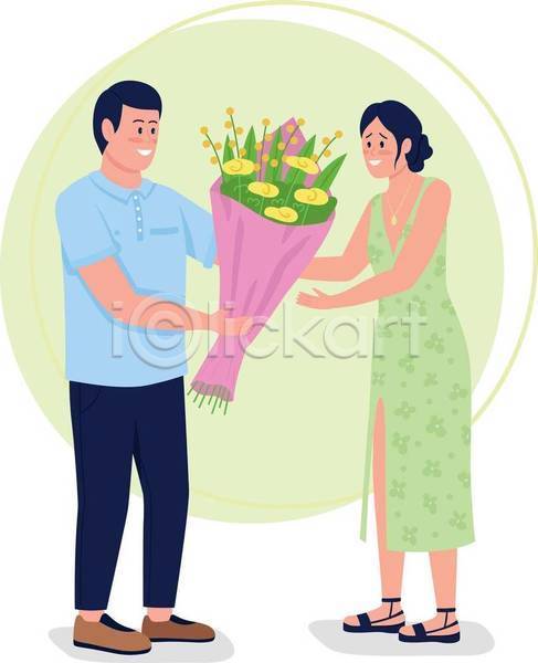 사랑 남자 두명 성인 성인만 여자 EPS 일러스트 해외이미지 꽃다발 들기 반려식물 서기 연두색 원형 전신 주기 커플
