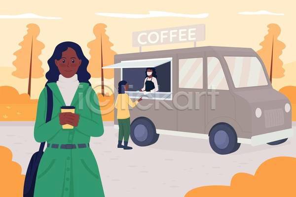 성인 성인여자만 세명 여자 EPS 일러스트 해외이미지 가을(계절) 단풍나무 들기 상반신 손짓 전신 카페 커피 테이크아웃 테이크아웃컵 푸드트럭 풀(식물)