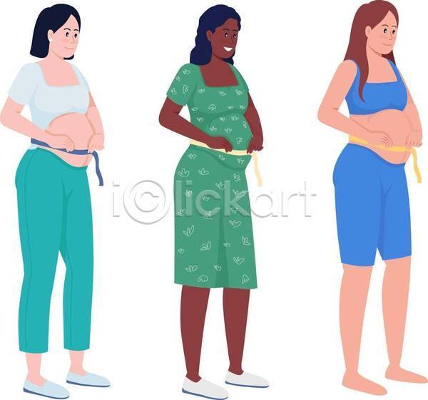 행복 성인 성인여자만 세명 여자 EPS 일러스트 해외이미지 들기 라이프스타일 서기 엄마 임산부 임신 잡기 전신 줄자 측정 허리측정