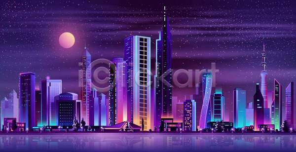사람없음 EPS 일러스트 해외이미지 건물 달 도시 도시풍경 별 보라색 빌딩 빛 야간 야경