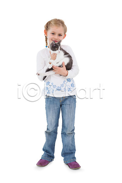 행복 백인 어린이 여자 한명 JPG 포토 해외이미지 가축 검사(조사) 고립 고양이 금발 긴머리 동물 미소(표정) 반려동물 시험 응시 자르기 잡기 주인 해외202004