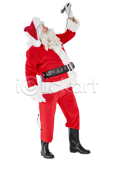 축하 행복 50대 남자 백인 중년 한명 JPG 포토 해외이미지 고립 노래 노래방 마이크 미소(표정) 빨간색 산타클로스 수염 옷 자르기 축제 크리스마스 포즈 해외202004 휴가 흰배경 흰색
