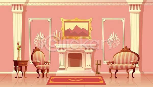 고급 부자(갑부) 사람없음 EPS 일러스트 해외이미지 거실 기둥 꽃병 벽난로 분홍색 실내 액자 의자 인테리어 촛대 카툰스타일 카펫