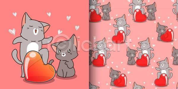 귀여움 러블리 사람없음 EPS 일러스트 해외이미지 고양이 동물캐릭터 밟기 분홍색 앉기 여러마리 패턴 패턴백그라운드 하트