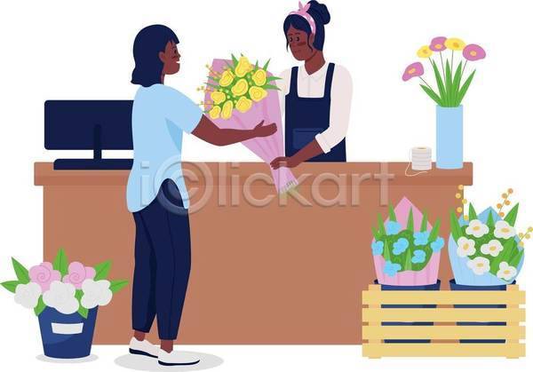 두명 성인 성인여자만 여자 EPS 일러스트 해외이미지 꽃 꽃다발 꽃집 나무상자 들기 반려식물 상반신 서기 식물 전신 화분