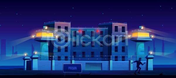 탈출 사람 한명 EPS 실루엣 일러스트 해외이미지 건물 교도소 야간 야경 조명 탈옥 파란색