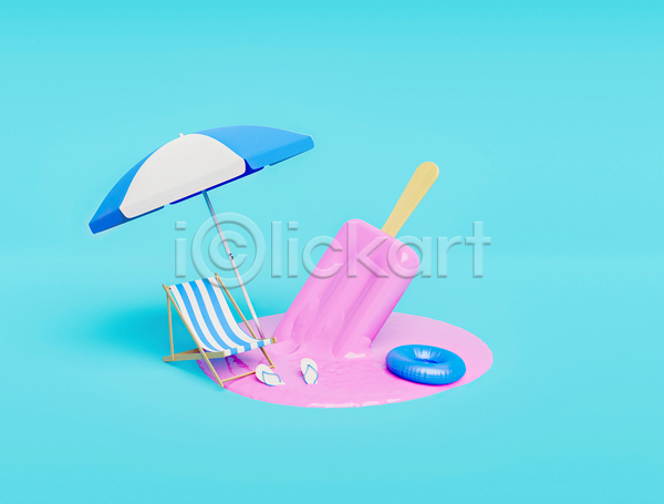 사람없음 3D JPG 포토 해외이미지 녹음(녹이기) 막대아이스크림 선베드 여름(계절) 쪼리 튜브 파라솔 하늘색