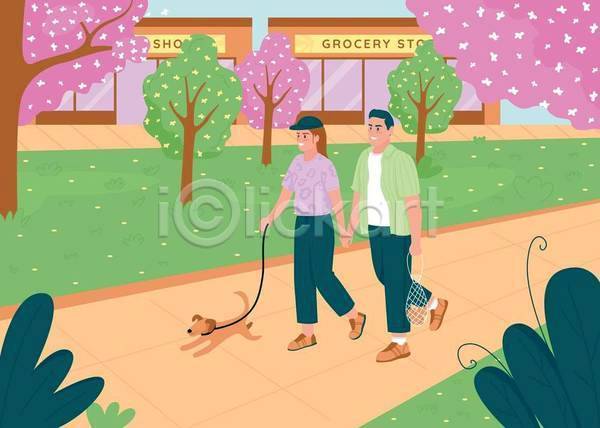 산책 남자 두명 성인 성인만 여자 EPS 일러스트 해외이미지 강아지 걷기 공원 꽃나무 들기 목줄 배변봉투 산책로 상점 손잡기 잡기 전신 커플 한마리