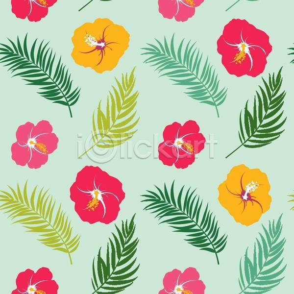 시원함 사람없음 EPS 일러스트 해외이미지 백그라운드 보테니컬아트 여름(계절) 열대꽃 열대잎 초록색 패턴 패턴백그라운드 히비스커스