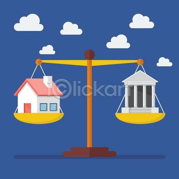 사람없음 EPS 일러스트 해외이미지 경제 구름(자연) 균형 금융 부동산 세금 양팔저울 은행(금융) 주택 파란색