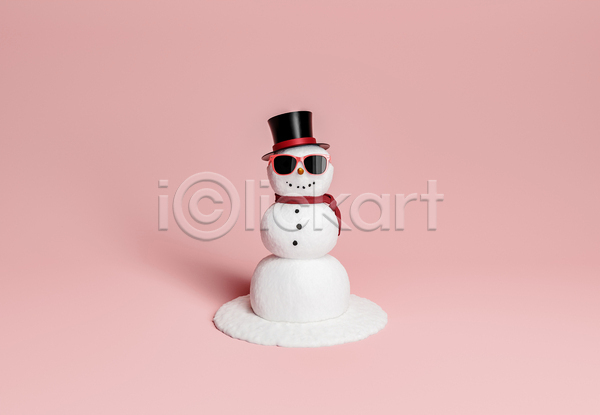 사람없음 3D JPG 포토 해외이미지 겨울 눈사람 모자(잡화) 미니멀 분홍색배경 선글라스 크리스마스