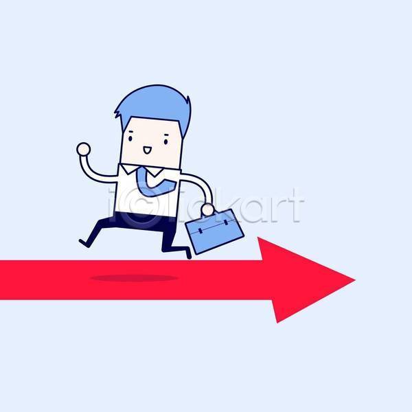 남자 성인 성인남자한명만 한명 EPS 일러스트 해외이미지 달리기 들기 비즈니스맨 비즈니스캐릭터 빨간색 서류가방 손들기 전신 하늘색 화살표
