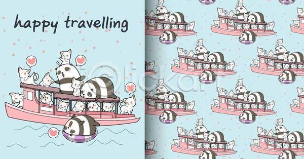 귀여움 러블리 사람없음 EPS 일러스트 해외이미지 고양이 눕기 동물캐릭터 배(교통) 승차 엎드리기 여러마리 여행 튜브 판다 패턴 패턴백그라운드 하늘색