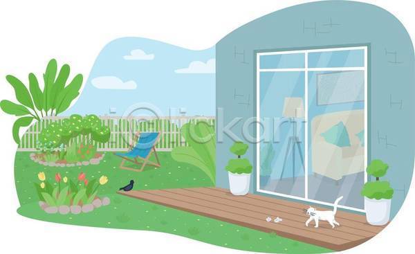사람없음 EPS 일러스트 해외이미지 고양이 뒤뜰 봄 야외 정원 조류 주택 풍경(경치)
