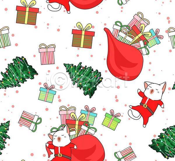 귀여움 러블리 사람없음 EPS 일러스트 해외이미지 고양이 동물캐릭터 보따리 산타옷 산타클로스 선물상자 여러마리 크리스마스 크리스마스트리 패턴 패턴백그라운드