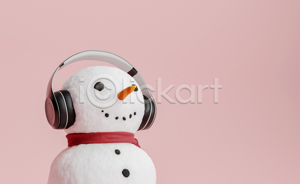 사람없음 3D JPG 포토 해외이미지 눈사람 목도리 분홍색 크리스마스 헤드폰