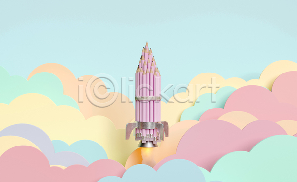 사람없음 3D JPG 포토 해외이미지 구름(자연) 다발 로켓 발사 색연필 연필 우주 우주비행 우주선 이륙 파스텔톤