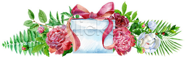 사람없음 JPG 일러스트 포토 해외이미지 꽃 상자 선물상자 수채화(물감) 잎 작약