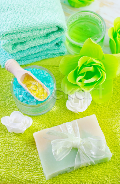 사람없음 JPG 포토 해외이미지 꽃 리본 비누 수건 스쿱 스파 스파용품 아로마테라피 입욕소금 초록색