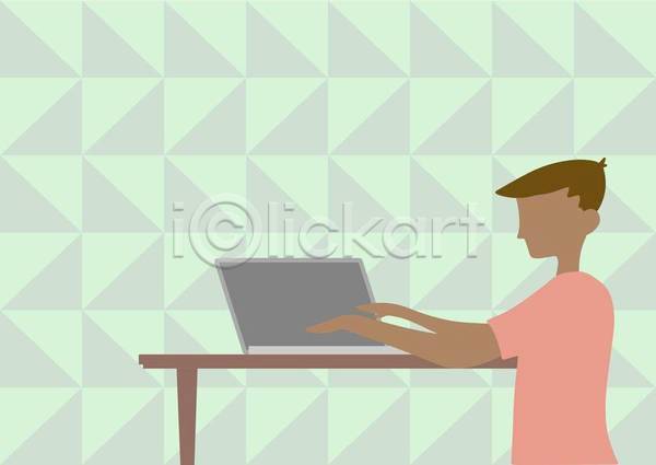 남자 성인 성인남자한명만 한명 EPS 일러스트 해외이미지 노트북 디자인 비즈니스 비즈니스맨 실내 얼굴없음 책상 카피스페이스 타이핑 탁자 플랫