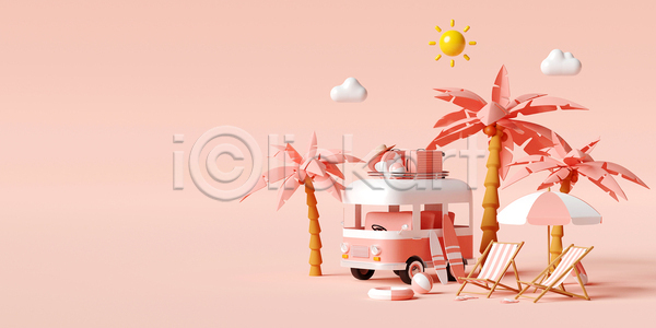 사람없음 3D JPG 포토 해외이미지 구름(자연) 바캉스 분홍색 비치볼 서핑보드 선베드 야자수 여름(계절) 여름휴가 카피스페이스 캠핑카 태양 튜브 파라솔