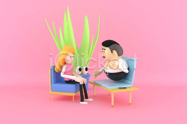 남자 두명 성인 성인만 여자 3D JPG 포토 해외이미지 3D캐릭터 노트북 분홍색 비즈니스맨 비즈니스우먼 상반신 식물캐릭터 앉기 응시 의자 전신 책상 화분 화상통화