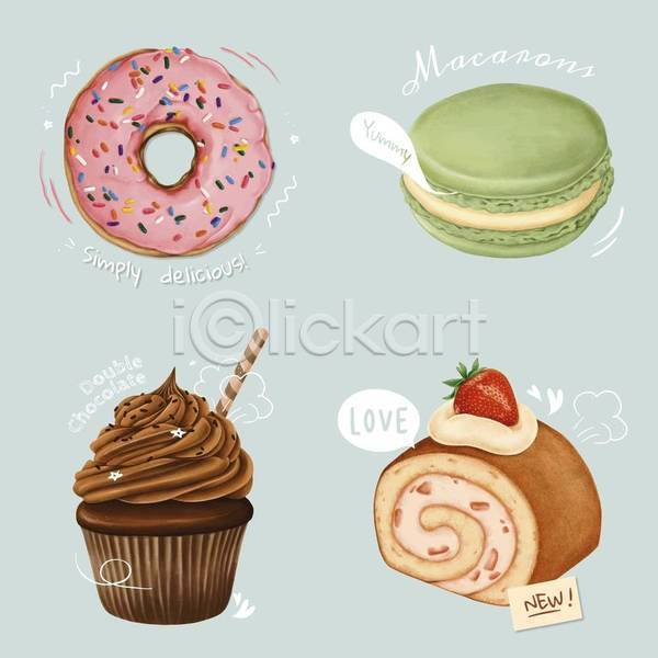 사람없음 EPS 일러스트 해외이미지 도넛 롤케이크 마카롱 말풍선 세트 스티커 컵케이크 하늘색