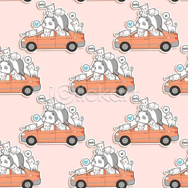 귀여움 러블리 사람없음 EPS 일러스트 해외이미지 고양이 눕기 동물캐릭터 말풍선 분홍색 승차 여러마리 올라탄 자동차 판다 패턴 패턴백그라운드 하트