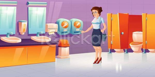 성인 성인여자한명만 여자 한명 EPS 일러스트 해외이미지 기계 누름 버튼 변기 서기 세면대 쓰레기통 위생관리 전신 패드 화장실