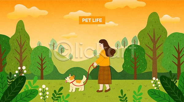 산책 성인 성인여자한명만 여자 한명 AI(파일형식) 일러스트 강아지 공원 구름(자연) 나무 목줄 반려견 반려동물 서기 일상 잡기 전신 주황색 초록색 한마리