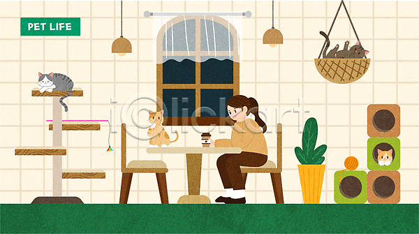 성인 성인여자한명만 여자 한명 AI(파일형식) 일러스트 고양이 고양이낚시대 매달리기 바구니 반려동물 반려묘 앉기 애묘카페 여러마리 의자 일상 전신 창문 캣타워 캣하우스 커피 탁자