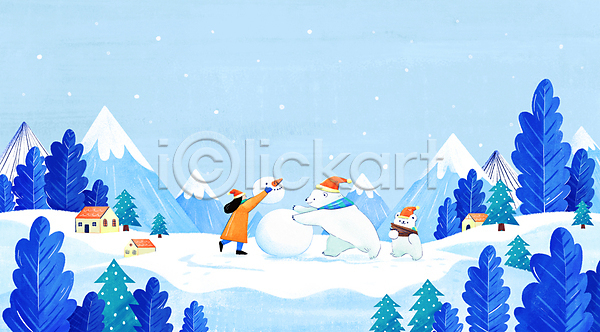 상상 소녀(어린이) 소녀한명만 여자 한명 PSD 일러스트 건물 겨울 겨울풍경 나무 눈(날씨) 눈사람 눈사람만들기 두마리 들기 북극곰 산 산타모자 전신 크리스마스 파란색