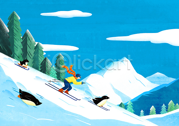 상상 남자 성인 성인남자한명만 한명 PSD 일러스트 겨울풍경 구름(자연) 나무 눈(날씨) 들기 미끄러짐 설산 스키 썰매 엎드리기 여러마리 전신 펭귄 폴 하늘색
