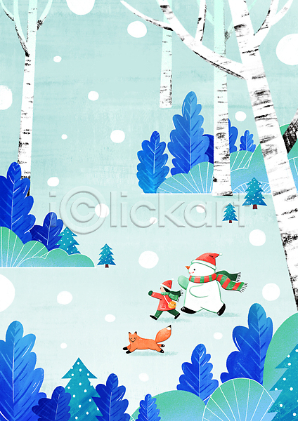 상상 소녀(어린이) 소녀한명만 어린이 여자 한명 PSD 일러스트 걷기 겨울 겨울풍경 나무 눈(날씨) 눈사람 산타모자 숲 여우 전신 크리스마스 파란색 한마리