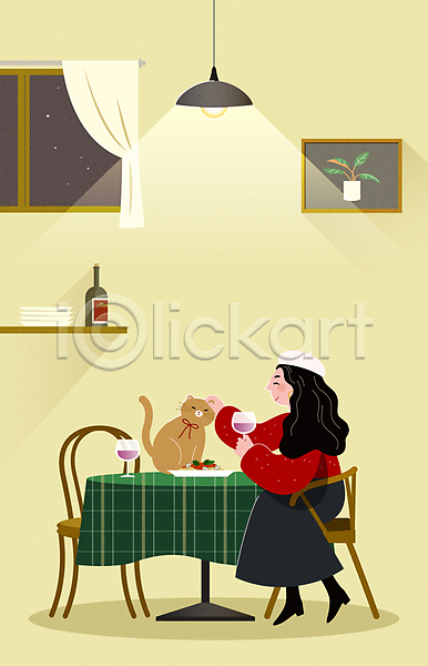 성인 성인여자한명만 여자 한명 AI(파일형식) 일러스트 고양이 노란색 들기 리본 반려묘 베레모 식사 식탁 쓰다듬기 앉기 액자 연휴 와인 와인잔 의자 전신 조명 크리스마스 탁자 파스타 한마리 홀리데이