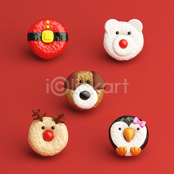 사람없음 3D PSD 디지털합성 편집이미지 강아지 개 다양 도넛 루돌프 모양 북극곰 빨간색 산타옷 산타클로스 종류 크리스마스 패턴 펭귄 편집 편집소스