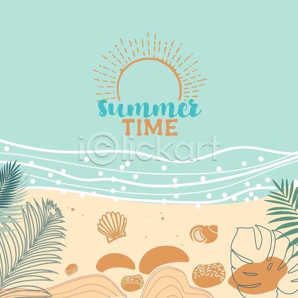 사람없음 EPS 일러스트 해외이미지 라인아트 모래사장 바다 베이지색 소라 여름(계절) 여름풍경 열대잎 조개껍데기 타이포그라피 포스터 하늘색 해변