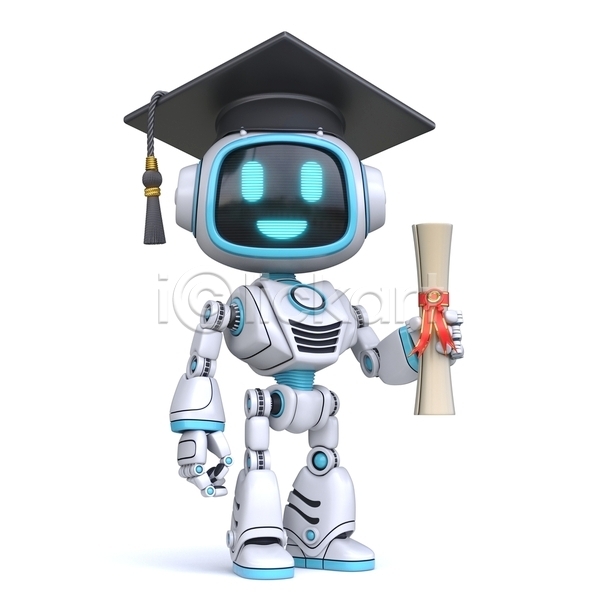 사람없음 3D JPG 일러스트 해외이미지 AI(인공지능) 들기 로봇 졸업 증명서 캐릭터 학사모